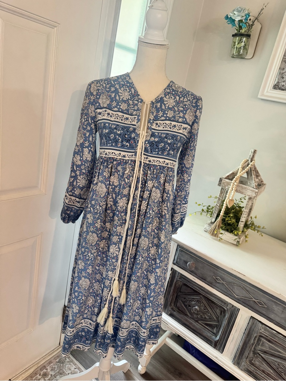 R. Vivimos Bohemian Blue Floral Tassel Midi Dress | Size Small - Picture 6 of 12